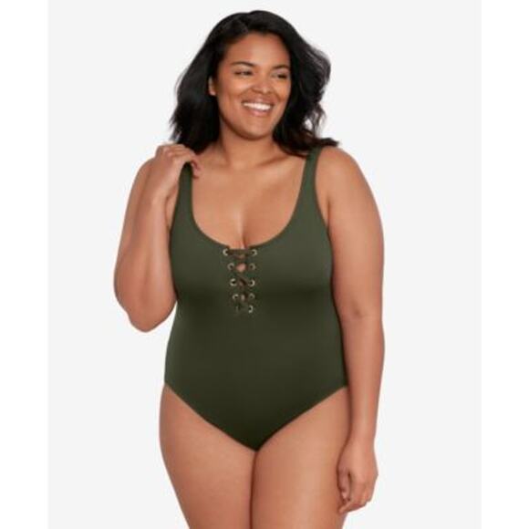 Lauren Ralph Lace-Up One-Piece Swimsuit Olive 20W - Picture 1 of 3